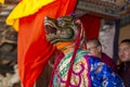 Bhutanese Cham masked dance, Buddhist lama dance, dancer behind the curtain and waiting for the play, Bumthang, central Bhutan.