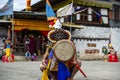 Bhutanese Cham masked dance, dance of wrathful deities, Tamshing Goemba, Bumthang, central Bhutan. Royalty Free Stock Photo