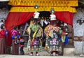 Bhutanese Sha Na Cham, black hat dance . dancers prepare ceremony . Bumthang, central Bhutan. Royalty Free Stock Photo