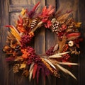 The main front wooden door. Autumn decorations for Thanksgiving