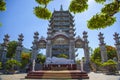 The main gate of the monastery. The Lady Buddha Statue the Bodhisattva of Mercy at the Linh Ung Pagoda in Da Nang Vietnam