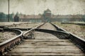 Main gate and railroad to nazi concentration camp of Auschwitz Birkenau. Effect with grunge background, fake old photo