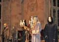 Main hall with figures of teachers and Dumbledore in the Hogwarts School of Witchcraft and Wizardry Royalty Free Stock Photo