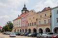 Main Husovo Square on sunny summer day, renaissance and baroque historical buildings, arcade, colorful houses in historic center,