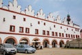 Main Husovo Square on sunny summer day, renaissance and baroque historical buildings, arcade, colorful houses in historic center,