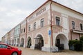 Main Husovo Square on sunny summer day, renaissance and baroque historical buildings, arcade, colorful houses in historic center,