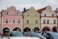 Main Husovo Square on sunny summer day, renaissance and baroque historical buildings, arcade, colorful houses in historic center,