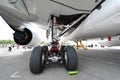 Main landing gear of Airbus A350-900 XWB at Singapore Airshow Royalty Free Stock Photo