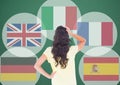 main language flags around youn woman thinking. dark green background