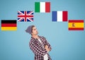 main language flags around young man thinking. Blue background