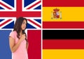 main language flags around young woman with glasses on the hand Royalty Free Stock Photo