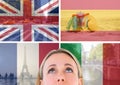 main language flags with opacity superimposed with country images around foreground of woman looking
