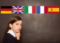 main language flags over girl, blackboard background