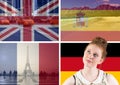 main language flags with typical things of the countries around young woman thinking