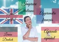 main language flags with words around woman. Sky background.