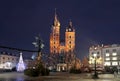 Main Market square in Krakow, the Basilica of Saint Mary at night, Royalty Free Stock Photo