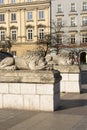 Main Market Square, stone sculptures of a lions in front of the entrance of Town Hall Tower, Krakow, Poland