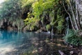 The main natural landmark of Croatia is the Plitvice Lakes with cascades of waterfalls. Emerald clear cold water on the background