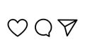 Main outline or linear icon set - chat airplane heart symbol. Internet and social network vector signs