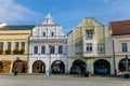 Main Peace square of historic medieval royal town Melnik, colorful renaissance and baroque houses in sunny autumn day, first floor Royalty Free Stock Photo