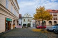 Main Peace square of historic medieval royal town Melnik, street with numerous cafes, colorful renaissance and baroque houses in Royalty Free Stock Photo