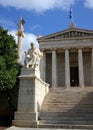 Main portico of the Academy of Athens, statue of Plato at the front steps, Athens, Greece