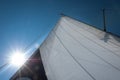 Main sail streched in wind, with bright sun in background Royalty Free Stock Photo