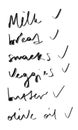 Main shopping list - handwritten items on blank paper sheet with check marks.