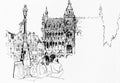 Main square in Brussels, Belgium, view to gothic cityhall, hand drawn sketch illustration