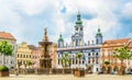 Main square of Ceske Budejovice with Samson fountain and Town Hall building - Czech Republic Royalty Free Stock Photo