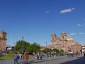 Cusco church and main square with gardens Royalty Free Stock Photo