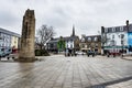 Main square in Donegal Town, Republic of Ireland on a gloomy day. There are no people around the shops, pubs and hotels all around