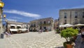 Main square of Erice with touristic shops and restaurants, near Trapani, Sicily, Italy