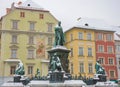 Main square Hauptplatz with Erzherzog Johann fountain and historical buildings in the background, in winter, in Graz, Styria