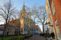 The main Square Markt with traditional medieval houses and the Stadhuis town hall with its impressive clock tower in Veere