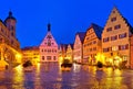 Main square Marktplatz or Market square of medieval German town of Rothenburg ob der Tauber evening panoramic view