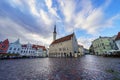 Main square with medieval buildings at sunrise after raining. Royalty Free Stock Photo