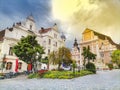 The main square with old buildings and Parish Church in the charming little town of Frohnleiten in the district of Graz-Umgebung,