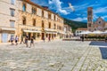 Main square in old medieval town Hvar with seagull`s flying over. Hvar is one of most popular tourist destinations in Croatia in