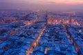 Main square Rynek of the Old Town of Krakow Poland in winter aerial view. St. Mary Basilica Gothic church, Town Hall Tower, Krakow Royalty Free Stock Photo