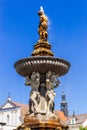 Main square with Samson fighting the lion fountain sculpture and bell tower in Ceske Budejovice. Czech Republic Royalty Free Stock Photo