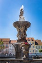 Main square with Samson fighting the lion fountain sculpture and bell tower in Ceske Budejovice. Czech Republic Royalty Free Stock Photo