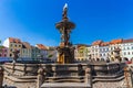 Main square with Samson fighting the lion fountain sculpture and bell tower in Ceske Budejovice. Czech Republic Royalty Free Stock Photo