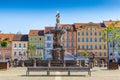 Main square with Samson fighting the lion fountain sculpture and bell tower in Ceske Budejovice. Czech Republic Royalty Free Stock Photo
