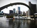 the main square of Toronto in Canada, with a fountain and the skyscrapers of the business district in the background