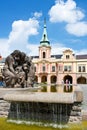 Main square with town hall and sculpture by Vincent Makovsky - Vinobrani, town Melnik, Czech republic Royalty Free Stock Photo