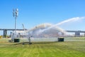 Main stage for the World Youth Days in the final stages of construction in front of the Vasco da Gama Bridge in Parque Tejo. Royalty Free Stock Photo