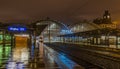 Main station in capital Prague in winter wet night