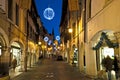 The main street of Pordenone city illuminated for Christmas.Italy.