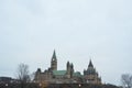 Main tower of the center block of the Parliament of Canada, on Parliament Hill, in Canadian Parliamentary complex of Ottawa.